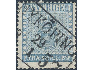 Sweden. Facit 2b used , 4 skill light blue, thin paper. Beautiful cancellation NYKÖPING …