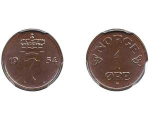Coins, Norway. Haakon VII, NM 262, 1 øre 1954. Graded by PCGS as MS65 BN. 0.