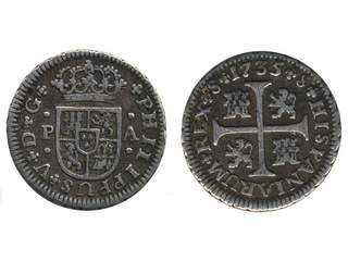 Coins, Spain. Philip V, KM 350.2, 1/2 real 1735. 1.38 g. Seville mint. Better date. VF.