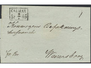 Sweden. H county. CALMAR 9.1.1845, rectangular postmark. Cover sent to Vänersborg. …
