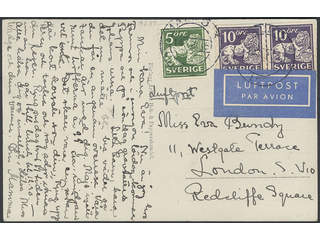 Sweden. Facit 143A, 146A cover , 5+2x10 öre on picture postcard sent by airmail, from …
