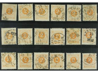 Sweden. Facit 40 used , 2 öre yellow, eighteen used copies. Shades, varieties, …