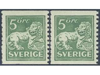 Sweden. Facit 140Acx ★★ , 5 öre green, type I, perf on two sides with vm lines. Two …
