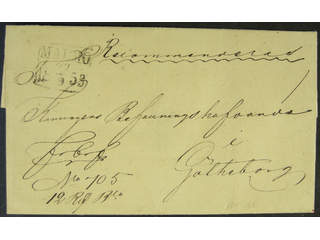 Sweden. M county. MALMÖ 27.9.1853, rectangular postmark. Type 9 on beautiful registered …