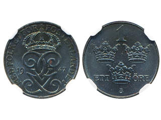 Coins, Sweden. Gustav V, MIS II.10, 1 öre 1947. Graded by NGC as MS64. 01/0.