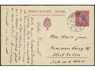 Sweden. Postal stationery, double postcard Facit bKd22 , Reply card 15 öre sent from BAD …
