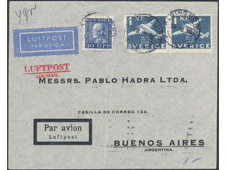 Sweden. Air mail cover Facit 257, 185 , 30 öre + 2x1 kr on air mail cover sent from …