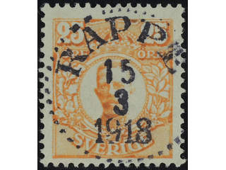 Sweden. Facit 86 used , 25 öre orange. EXCELLENT cancellation RÄPPE 15.3.1918. Short perf.