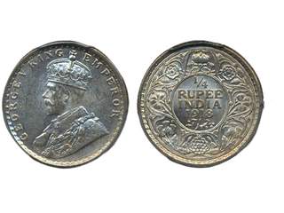 Coins, India. George V (1910-1936), KM 524, ¼ rupee 1918 C. Graded by PCGS as MS64. …