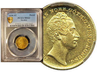 Coins, Sweden. Oskar I, MIS 16a, 1 dukat 1858. Single finest graded by PCGS as MS62. 01/0.