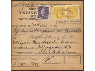 Sweden. Facit 156, 175A cover , 15+2x35 öre on money order with return receipt (A.R.) …