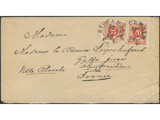 Sweden. Facit 46c on cover, 20 öre dark orange-red-orange-red in two copies on cover of …