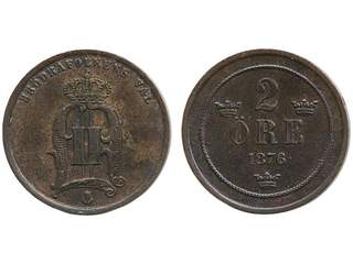Coins, Sweden. Oskar II, MIS I.3g, 2 öre 1876. Wide 8, narrow 7, re-punched 6. 1+.