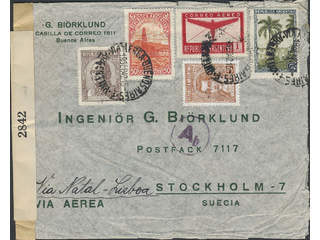 Sweden. Facit 429, 458, etc.. Incoming stamped mail. Argentina. 2+5+50 c + 1+5 p on …