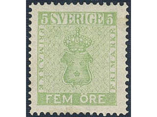 Sweden. Facit 7f1 ★, 5 öre light yellow-green, perforation of 1865. Superb.