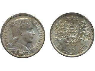 Coins, Latvia. KM 9, 5 lati 1929. Graded by PCGS as MS62. XF-UNC.