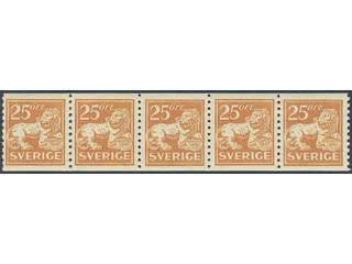 Sweden. Facit 147 ★★/★ , 25 öre orange. 25 öre orange in very fine strip of five. Two …