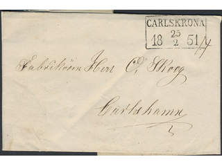 Sweden. K county. CARLSKRONA 25.2.1851, rectangular postmark. Type 6 on letter sent to …