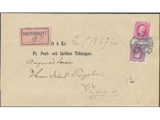 Sweden. Facit 53, 54 on cover, 8+10 öre on newspaper banner sent with cash on delivery …