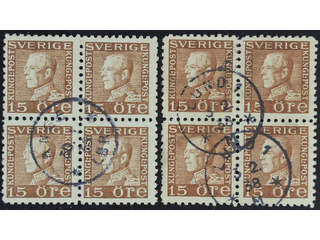 Sweden. Facit 178C used , 15 öre brown, perf on four sides. Two blocks of four, of which …
