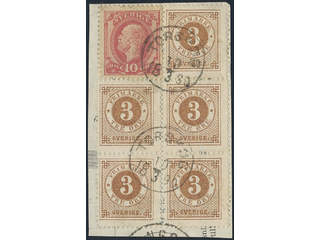 Sweden. Facit 41, 45 on piece, 3 öre in block of five + 10 öre Oscar on cut piece, …