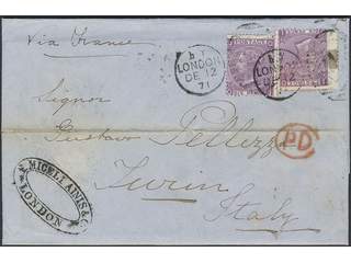 Britain. Michel 30 cover , 1869 Queen Victoria 6 d lilac, without hyphen, watermark …