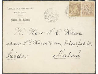 Monaco. Michel 4, 5 cover , 1885 Charles III 10 c red-brown and 15 c carmine rose on …