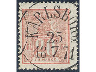 Sweden. Facit 16 used , 20 öre red. EXCELLENT cancellation KARLSBORG 25.7.1871, with …