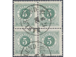 Sweden. Facit 30 used , 5 öre green in block of four cancelled KARLSLUND 29.9.1879. A …
