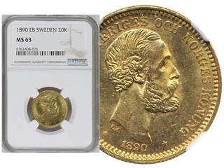 Coins, Sweden. Oskar II, MIS III.11, 20 kronor 1890. Graded MS63 by NGC. SG21. 01/0.