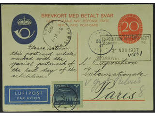 Sweden. Postal stationery, double postcard Facit bKd37 , Reply-paid postcard 20+20 öre …