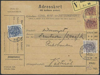 Sweden. Official Facit Tj39, 50, 53 , 20+35 öre + 2x5 kr on address card for insured …