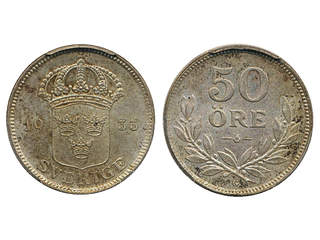 Coins, Sweden. Gustav V, MIS I.11, 50 öre 1933. Graded by PCGS as MS64. 01/0.