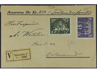 Sweden. Facit 218, 198 on cover, 15+40 öre on insured cover sent from STOCKHOLM 2 to …