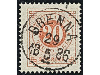 Sweden. Facit 33 used , 20 öre red. Superb/EXCELLENT cancellation GRENNA 29.5.1886.