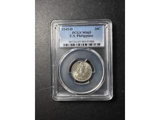 Filippinerna 20 centavos 1945 D, UNC, PCGS MS65
