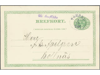 Sweden. Postal stationery, Single postcard, Facit bKe11, Postcard 5 öre sent from TORSBY …