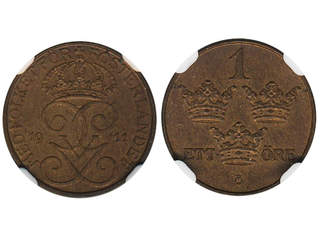 Coins, Sweden. Gustav V, MIS I.3, 1 öre 1911. Graded by NGC as MS64 BN. 01/0.