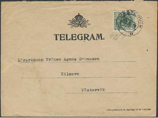 Sweden. Official Facit Tj44 , 5 öre on telegram cover sent locally within VÄSTERVIK …