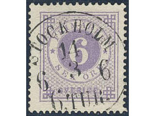 Sweden. Facit 20d used , 6 öre bluish lilac smooth print. Superb cancellation STOCKHOLM …