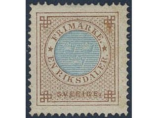 Sweden. Facit 27d (★), 1 Riksdaler orange-brown/blue. Traces of gum. One corner perf. …