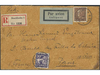 Sweden. Air mail cover Facit 191, 146A , 10+45 öre on registered air mail cover sent …