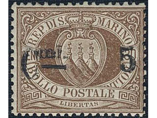 San Marino. Michel 9 ★, 1892 New value overprint 5 c on 30 c brown with double overprint …