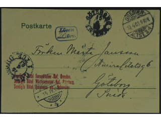 Sweden. Incoming stamped mail. Germany. Unpaid postcard sent from DRESDEN 13.4.03 to …