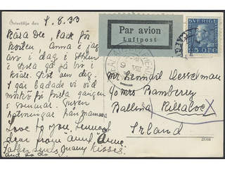 Sweden. Facit 183 cover , 25 öre on air mail postcard sent from "Östertelje 7.8.33" to …