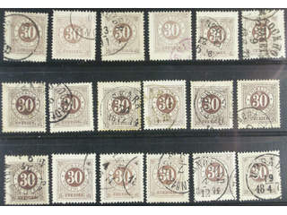 Sweden. Facit 25 used , 30 öre brown. 30 öre brown, eighteen used copies. Shades, …