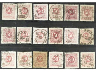 Sweden. Facit 48 used , 50 öre red, eighteen used copies. Shades, varieties, …