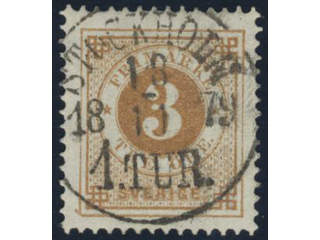 Sweden. Facit 28d used, 3 öre yellow-brown. EXCELLENT cancellation STOCKHOLM 1.TUR …