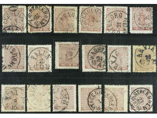 Sweden. Facit 11 used , 30 öre brown, eighteen used copies. Shades, varieties, …