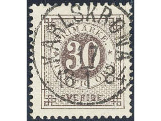 Sweden. Facit 35h used, 30 öre black-brown on soft paper. EXCELLENT cancellation …